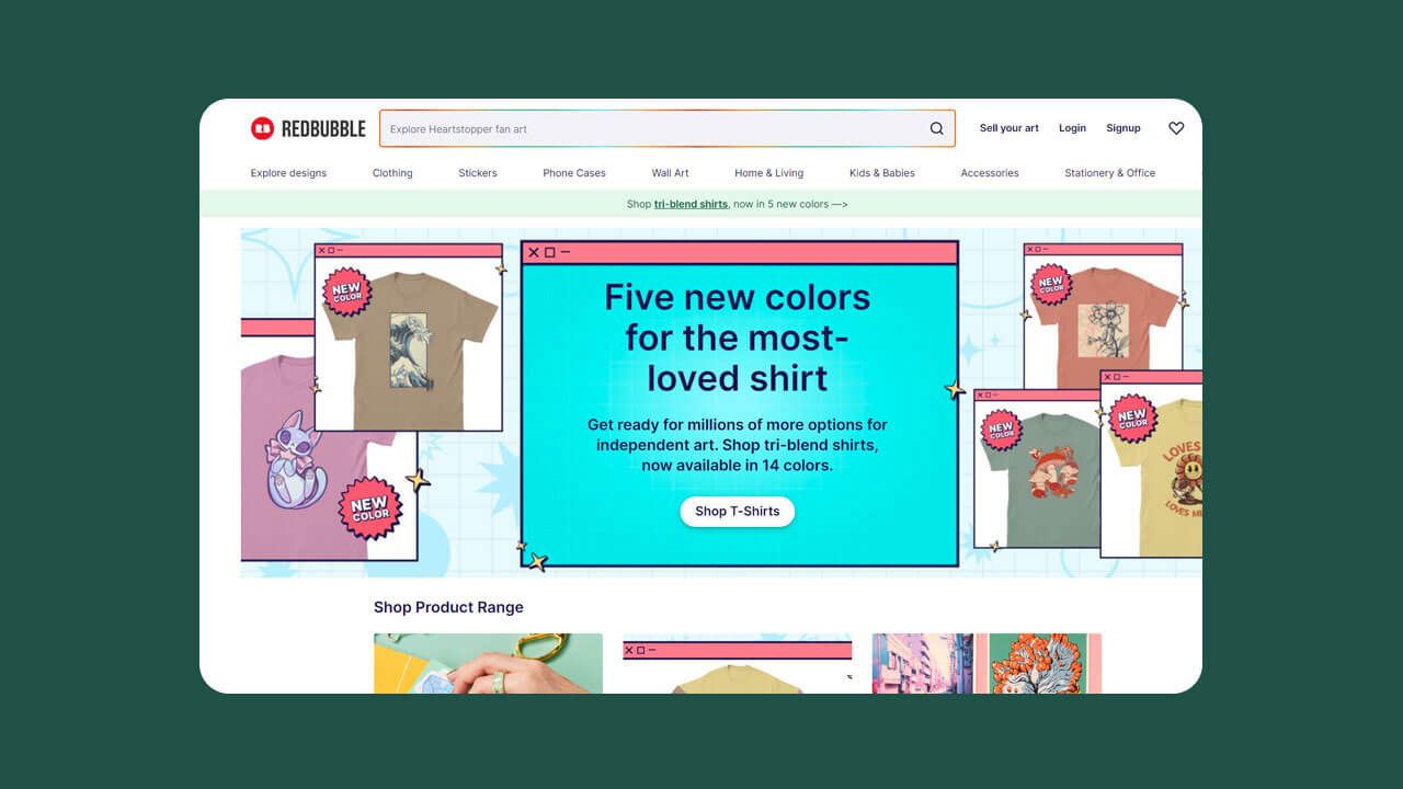 Redbubble merch website homepage