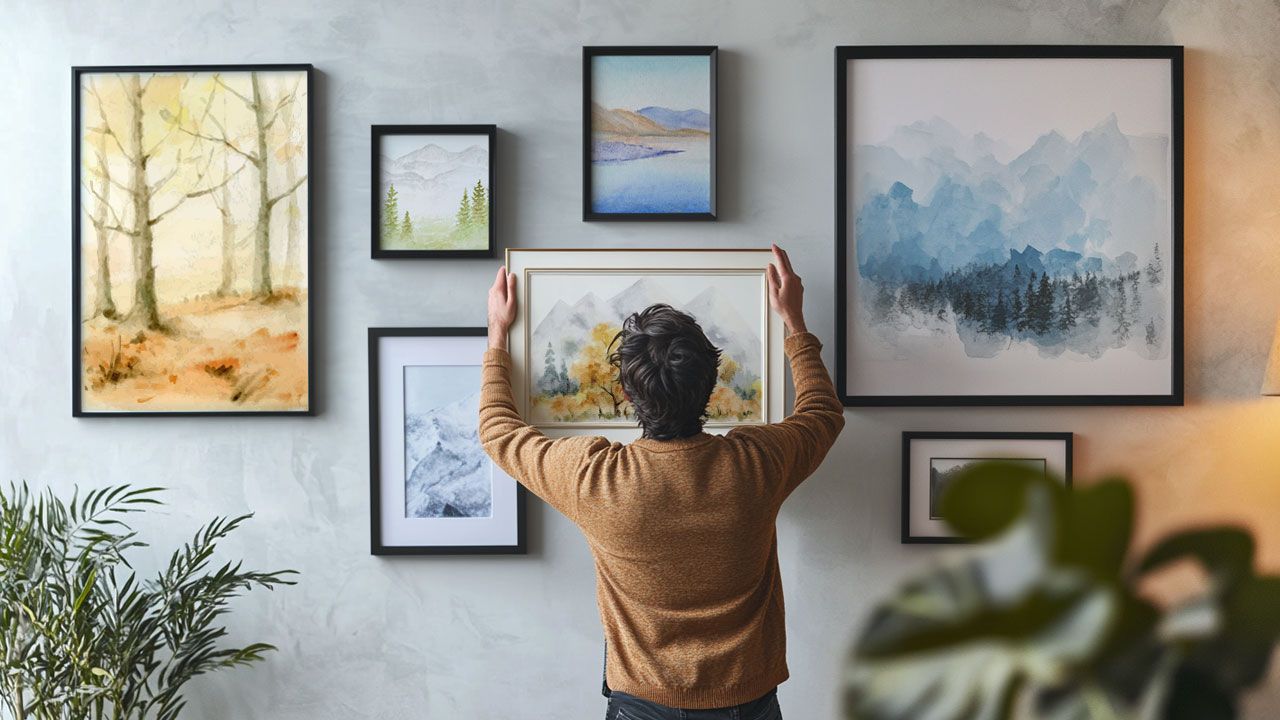 Person hanging a framed landscape painting on a wall with various nature-themed artworks. Green plants are visible in the foreground.