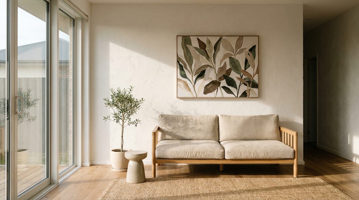 Minimalist living room with large canvas wall art above sofa