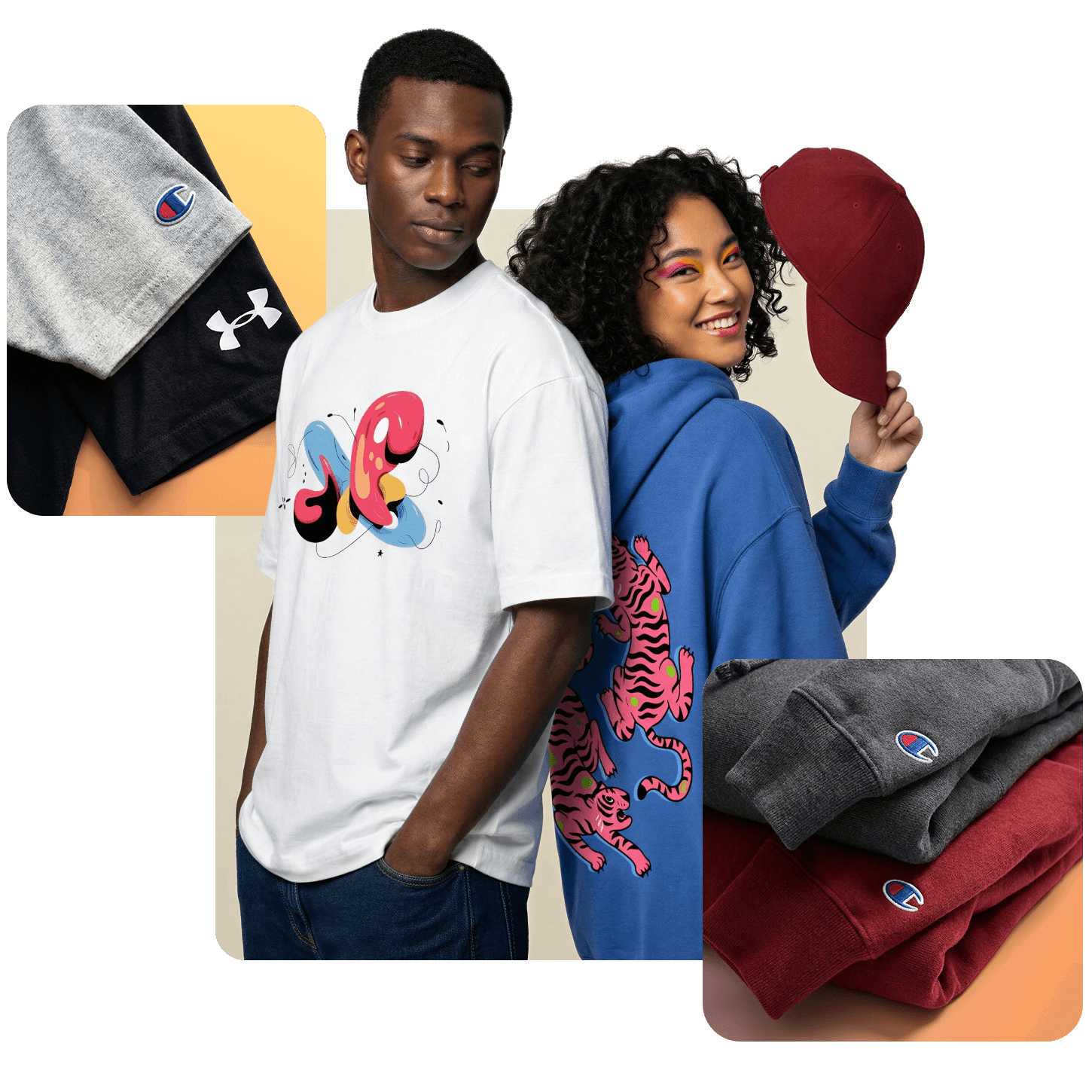 Two models wearing graphic clothing, surrounded by folded shirts with logos. The left person wears a printed t-shirt, the right wears a hoodie and cap.