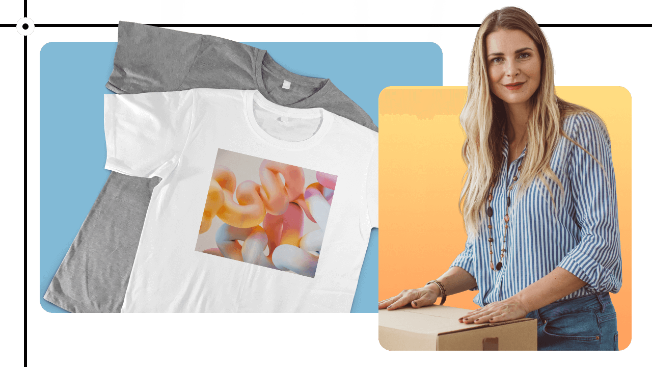 A woman in a striped shirt stands next to a table. Two T-shirts with abstract designs are displayed on the left.