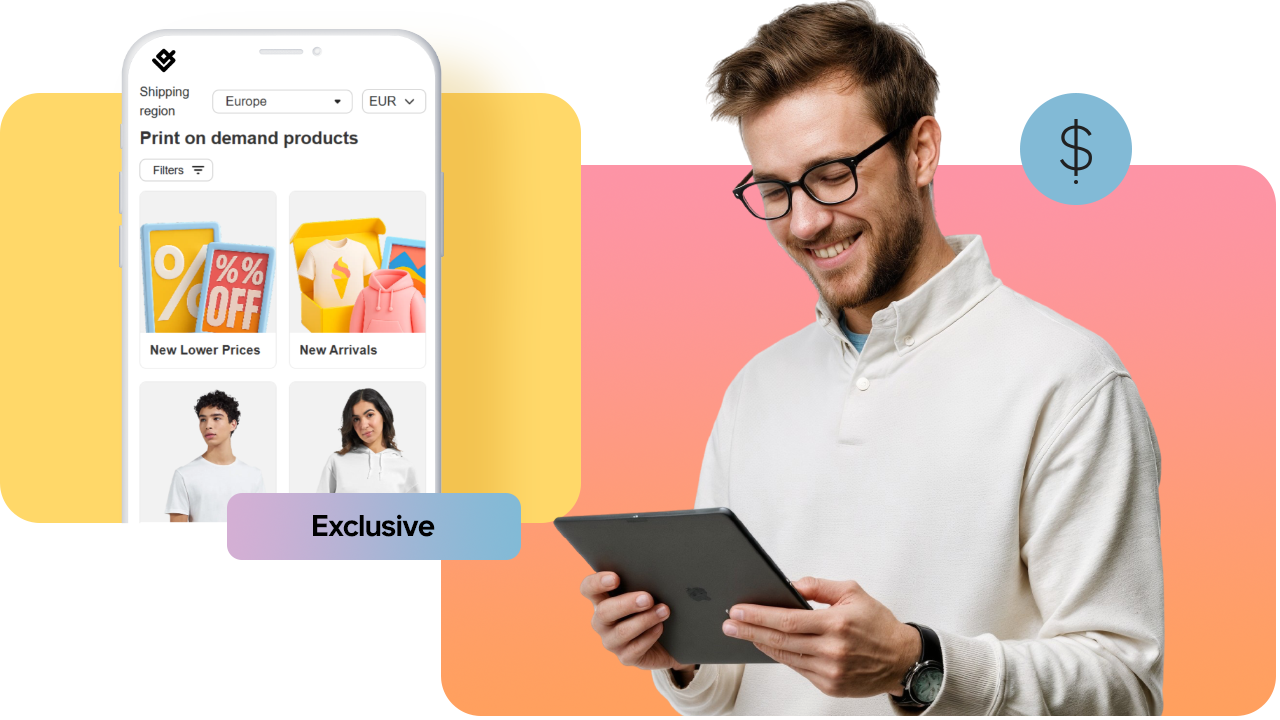 Man with tablet smiling at print-on-demand product listings on a smartphone screen, featuring discounts and new arrivals.
