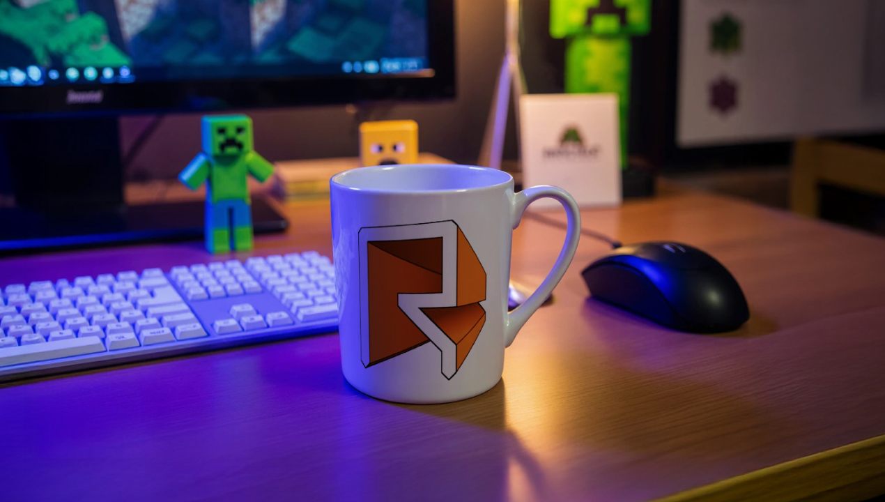 A white mug with a geometric logo on a desk, near a keyboard, mouse, and Minecraft figurines, with a computer monitor in the background.