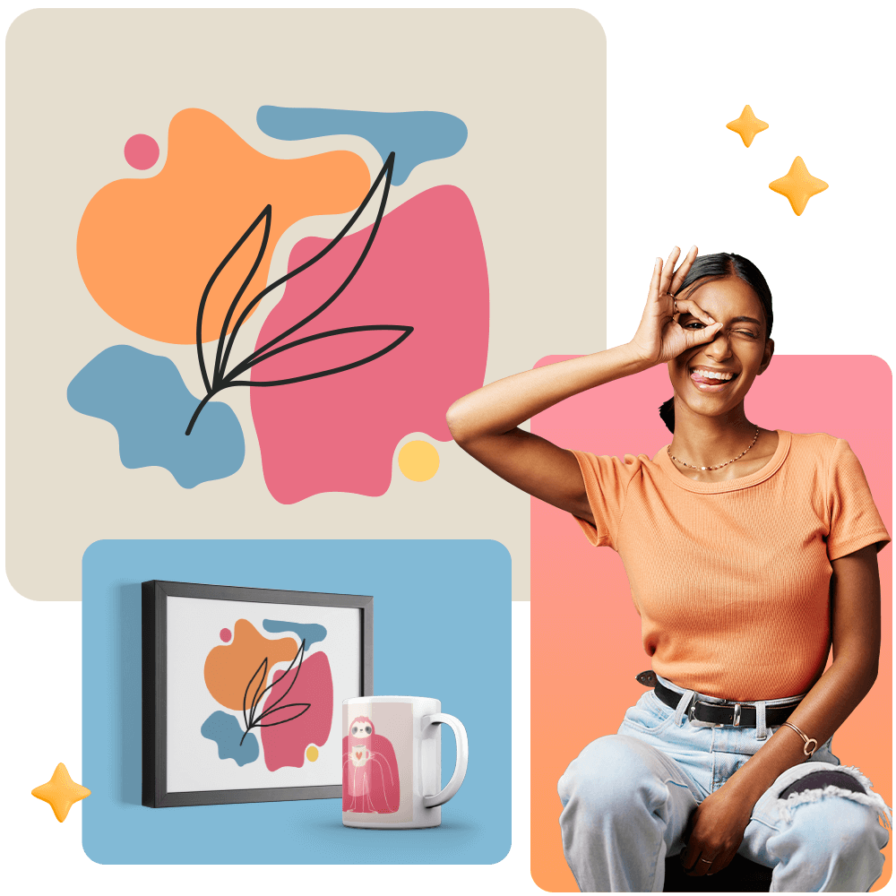Smiling woman in an orange shirt, framed abstract art, and a mug with a character design, set against colorful backgrounds.